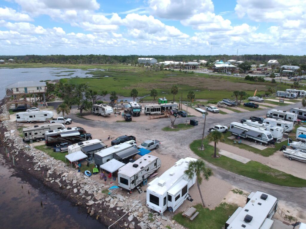 Ms Lynns Old Pavilion RV Park Drone Shot Perry, Florida On the Gulf, Keaton Beach